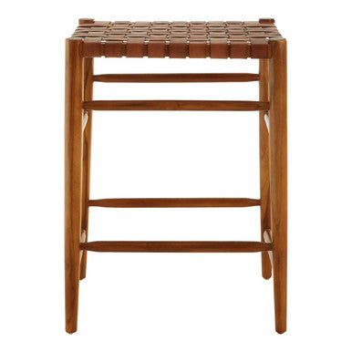 Brown Woven Leather and Teak Wood Bar Stool