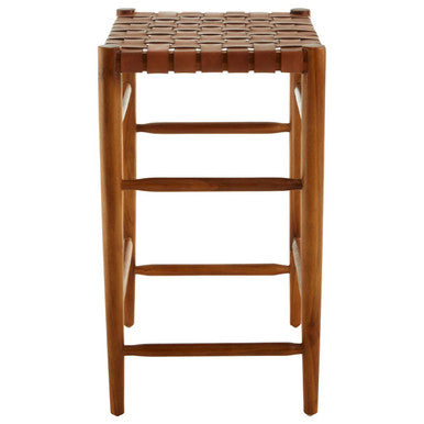 Brown Woven Leather and Teak Wood Bar Stool