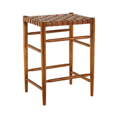 Brown Woven Leather and Teak Wood Bar Stool