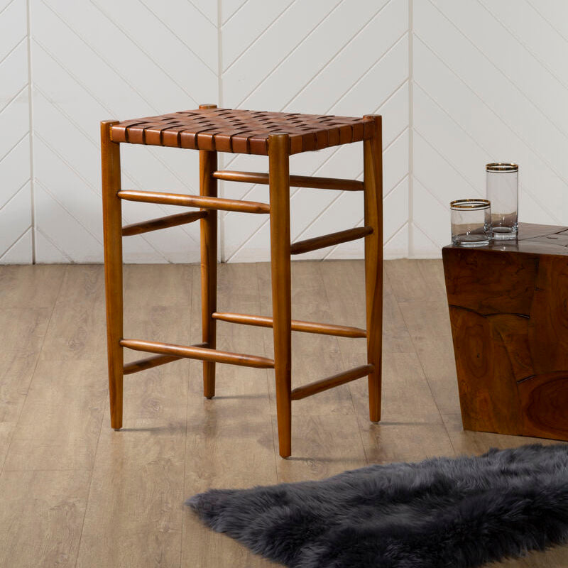 Brown Woven Leather and Teak Wood Bar Stool