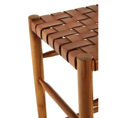 Brown Woven Leather and Teak Wood Bar Stool