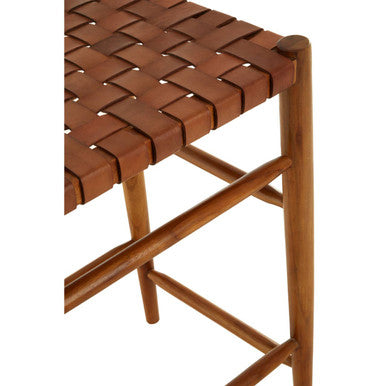 Brown Woven Leather and Teak Wood Bar Stool