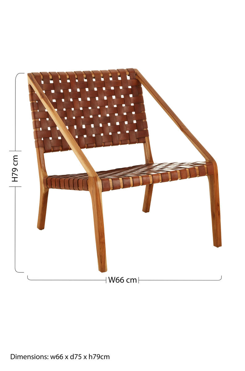 Tan Woven Leather and Teak Wood Chair