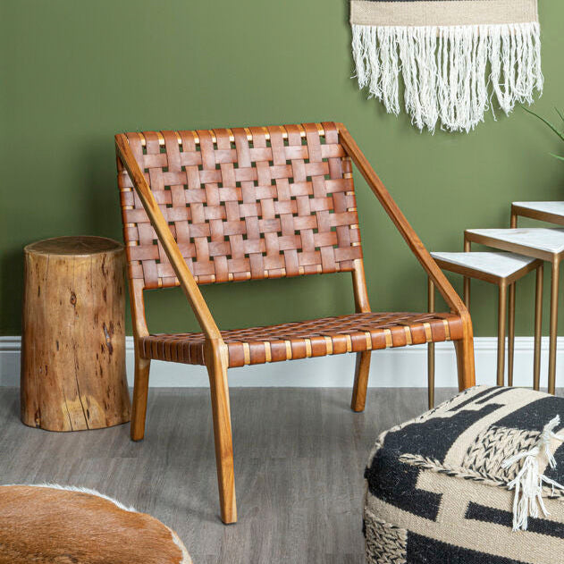 Tan Woven Leather and Teak Wood Chair