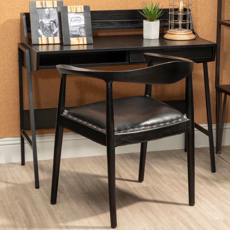 Black Leather and Teak Wood Chair