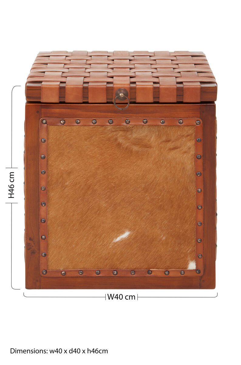 Tan Hair on Leather Storage Stool