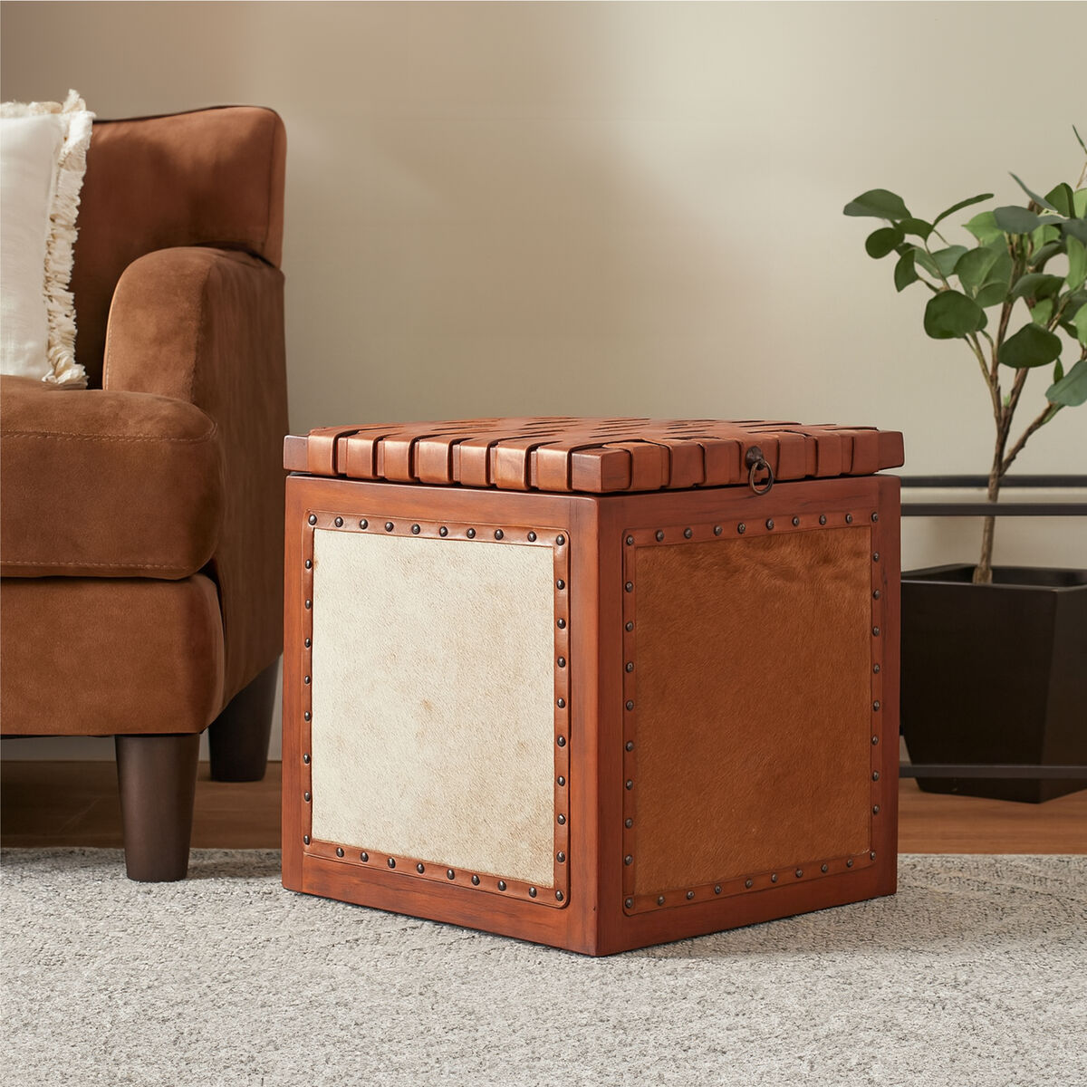 Tan Hair on Leather Storage Stool