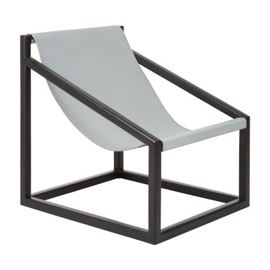 Grey Leather and Black Teak Wood Sling Chair