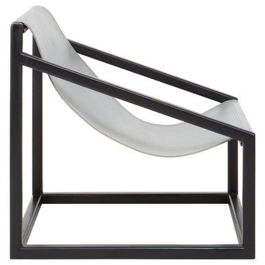 Grey Leather and Black Teak Wood Sling Chair