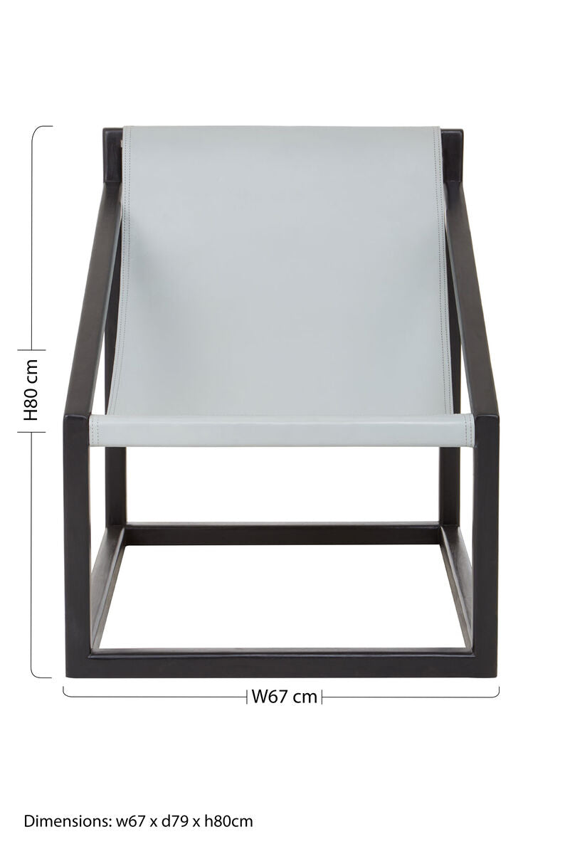Grey Leather and Black Teak Wood Sling Chair