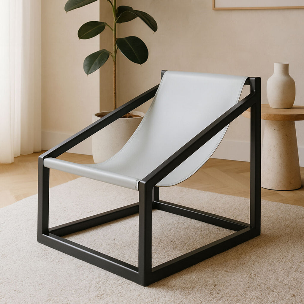 Grey Leather and Black Teak Wood Sling Chair