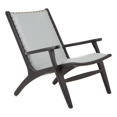 Grey Leather and Black Teak Wood Chair with Stud Detail