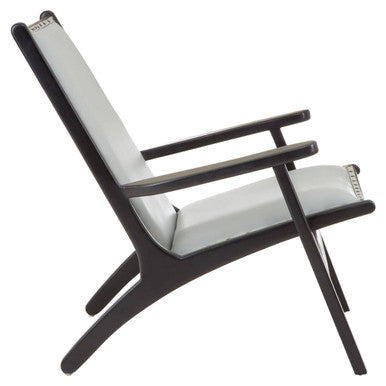 Grey Leather and Black Teak Wood Chair with Stud Detail