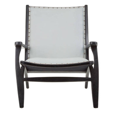 Grey Leather and Black Teak Wood Chair with Stud Detail