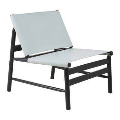 Grey Leather and Black Teak Wood Modern Sling Chair