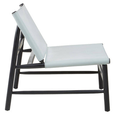 Grey Leather and Black Teak Wood Modern Sling Chair