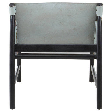 Grey Leather and Black Teak Wood Modern Sling Chair