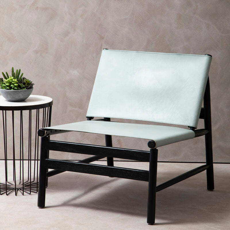 Grey Leather and Black Teak Wood Modern Sling Chair