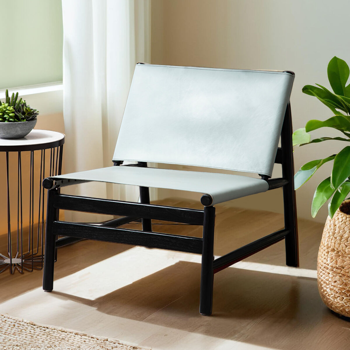Grey Leather and Black Teak Wood Modern Sling Chair