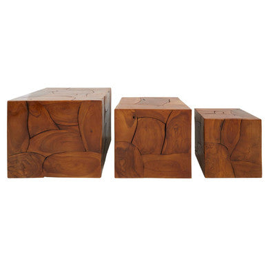 Teak Wood Set of 3 Side Tables and Stools