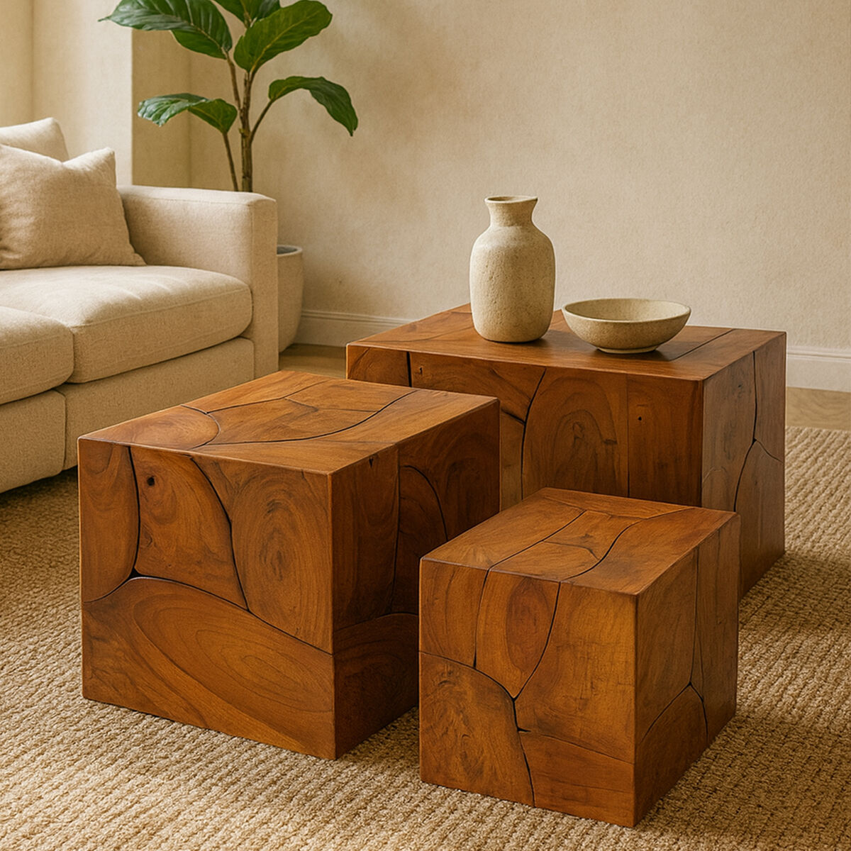 Teak Wood Set of 3 Side Tables and Stools
