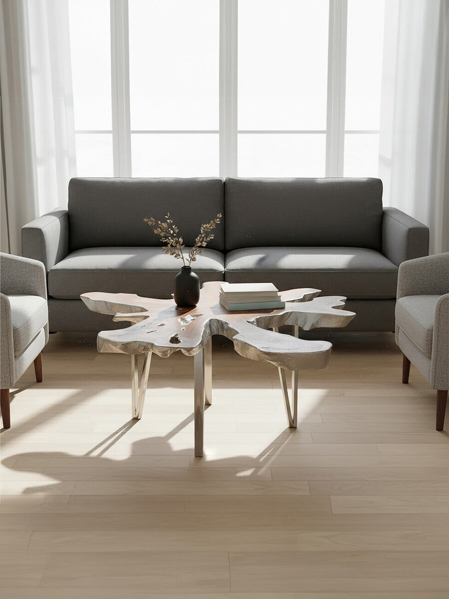 Silver Teak Wood Star Top Coffee Table with Steel Legs