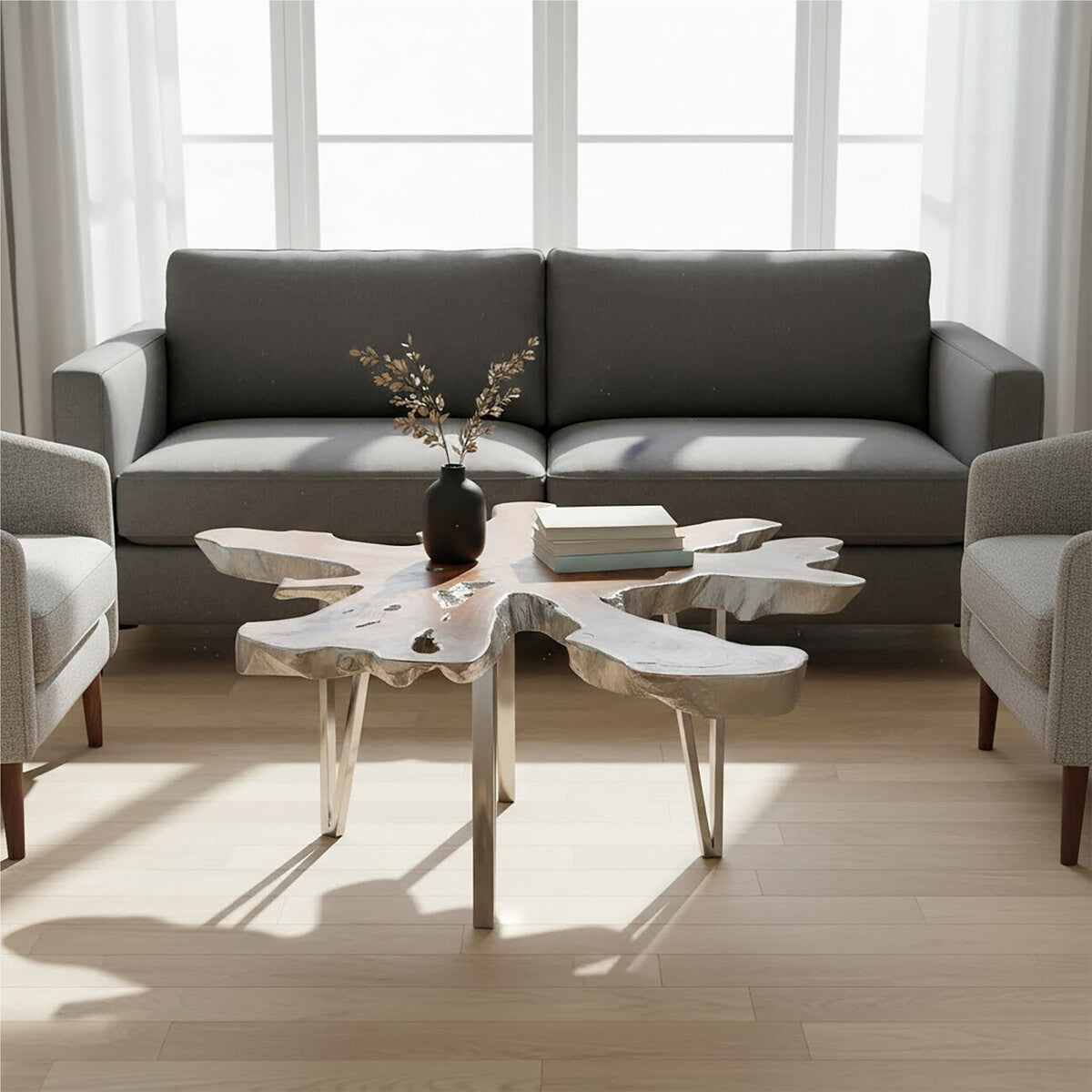 Silver Teak Wood Star Top Coffee Table with Steel Legs