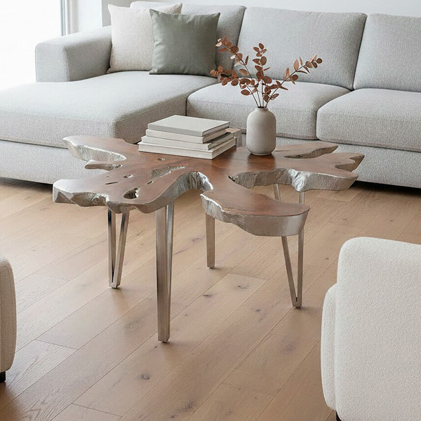 Silver Teak Wood Star Top Coffee Table with Steel Legs