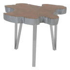 Silver Teak Wood Top Medium Side Table with Stainless Steel Legs