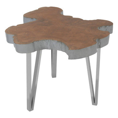 Silver Teak Wood Top Medium Side Table with Stainless Steel Legs