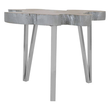 Silver Teak Wood Top Medium Side Table with Stainless Steel Legs