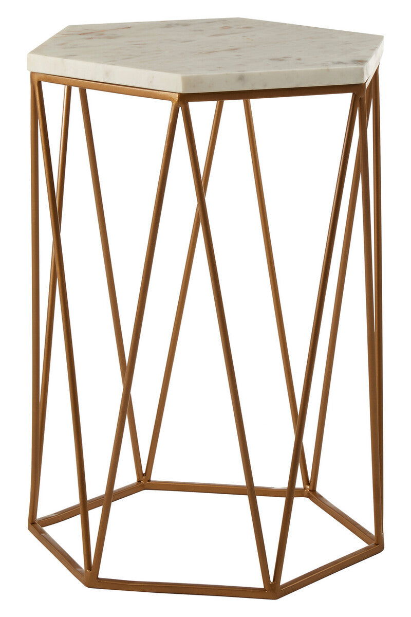 White Marble and Gold Finish Hexagonal Side Table