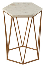 White Marble and Gold Finish Hexagonal Side Table