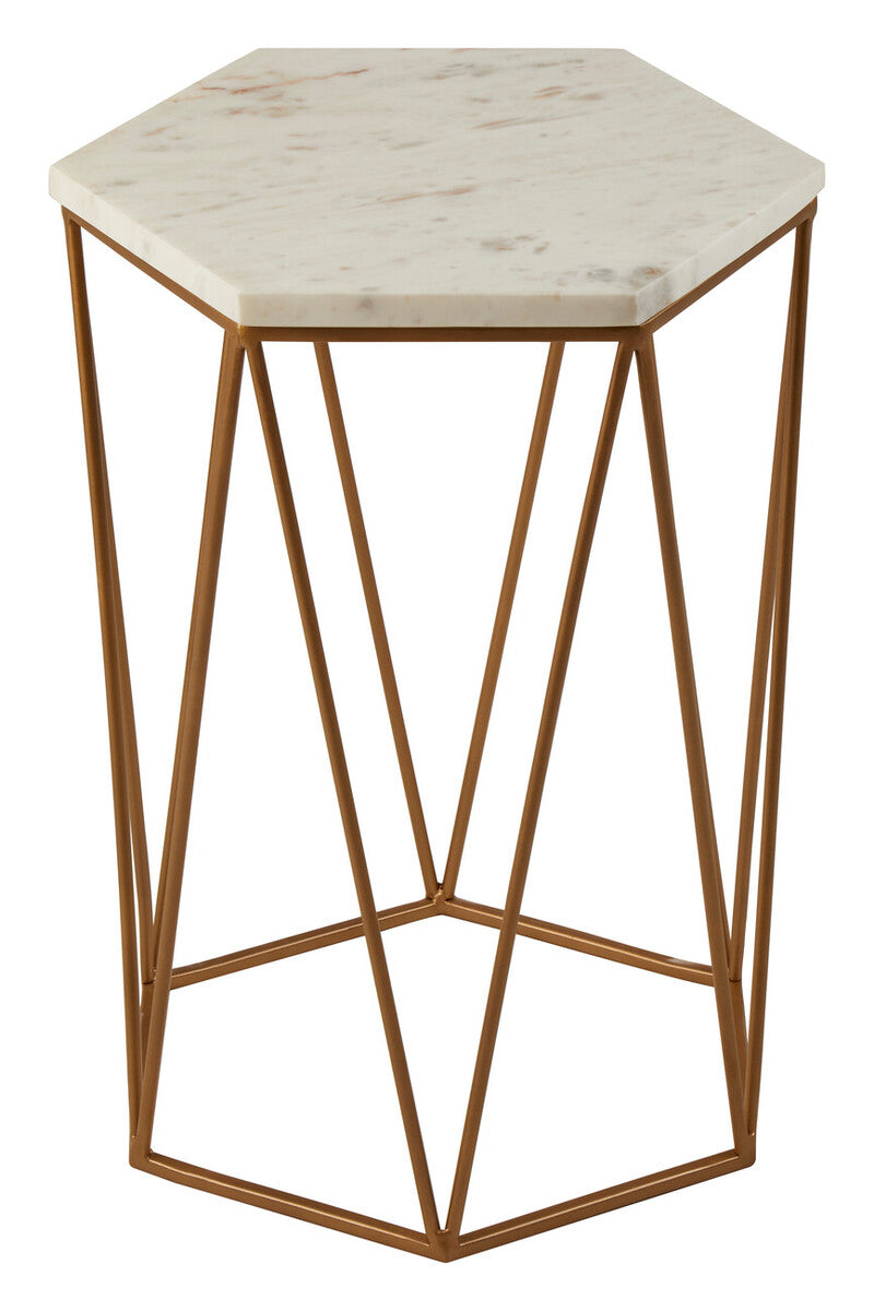 White Marble and Gold Finish Hexagonal Side Table