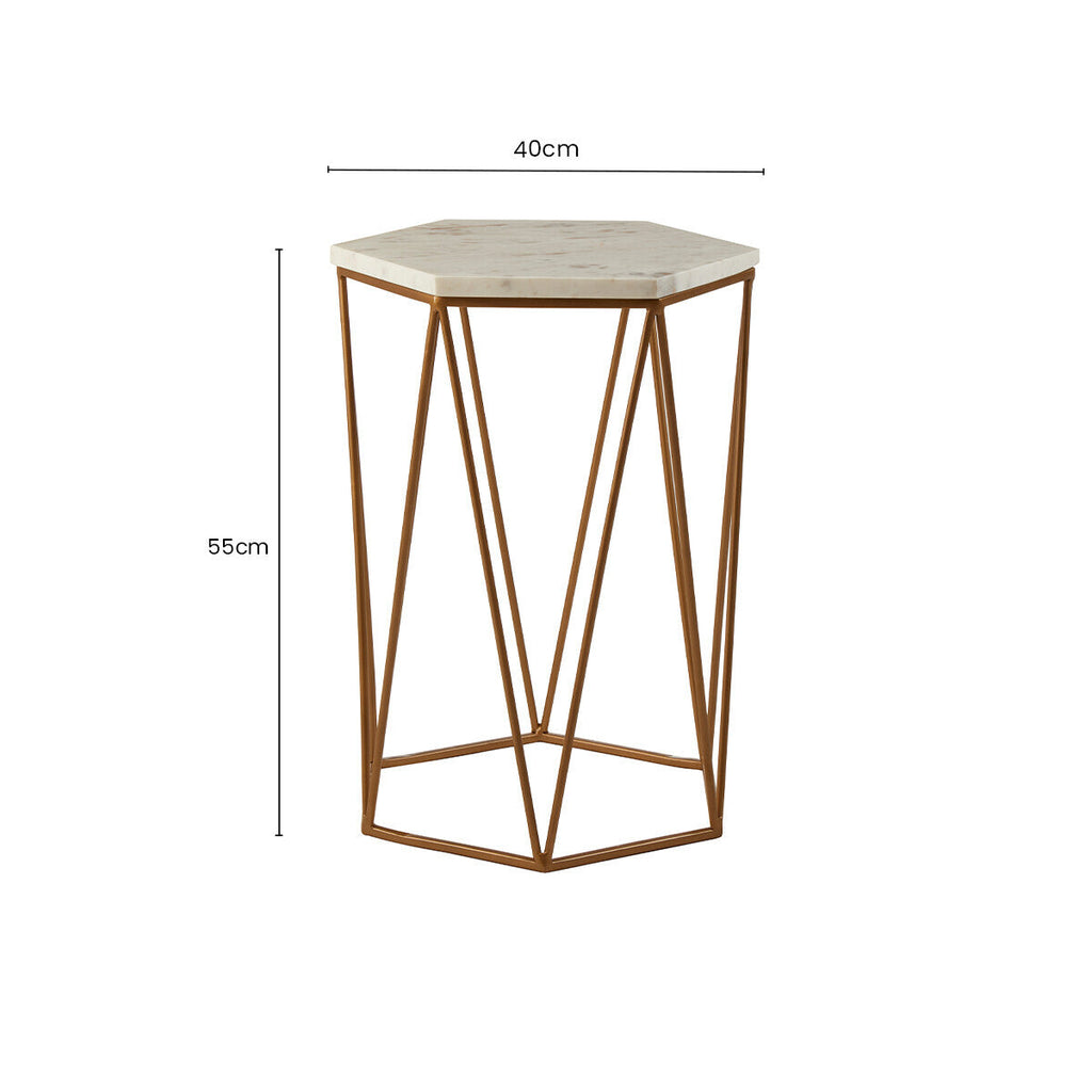 White Marble and Gold Finish Hexagonal Side Table