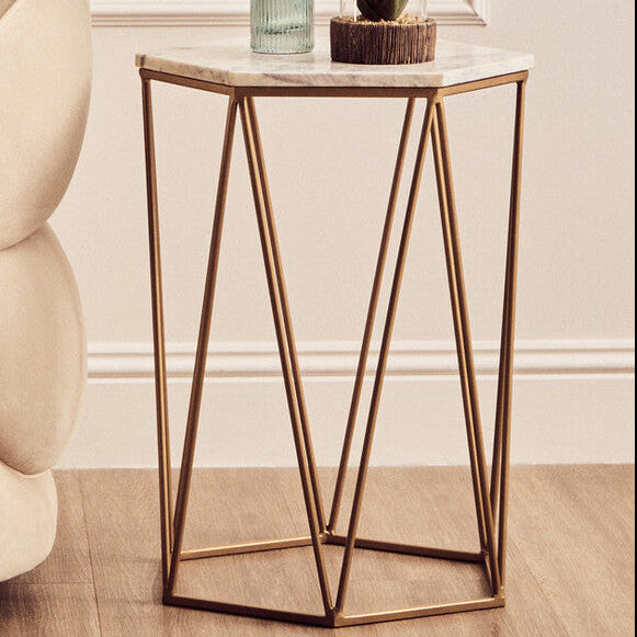White Marble and Gold Finish Hexagonal Side Table