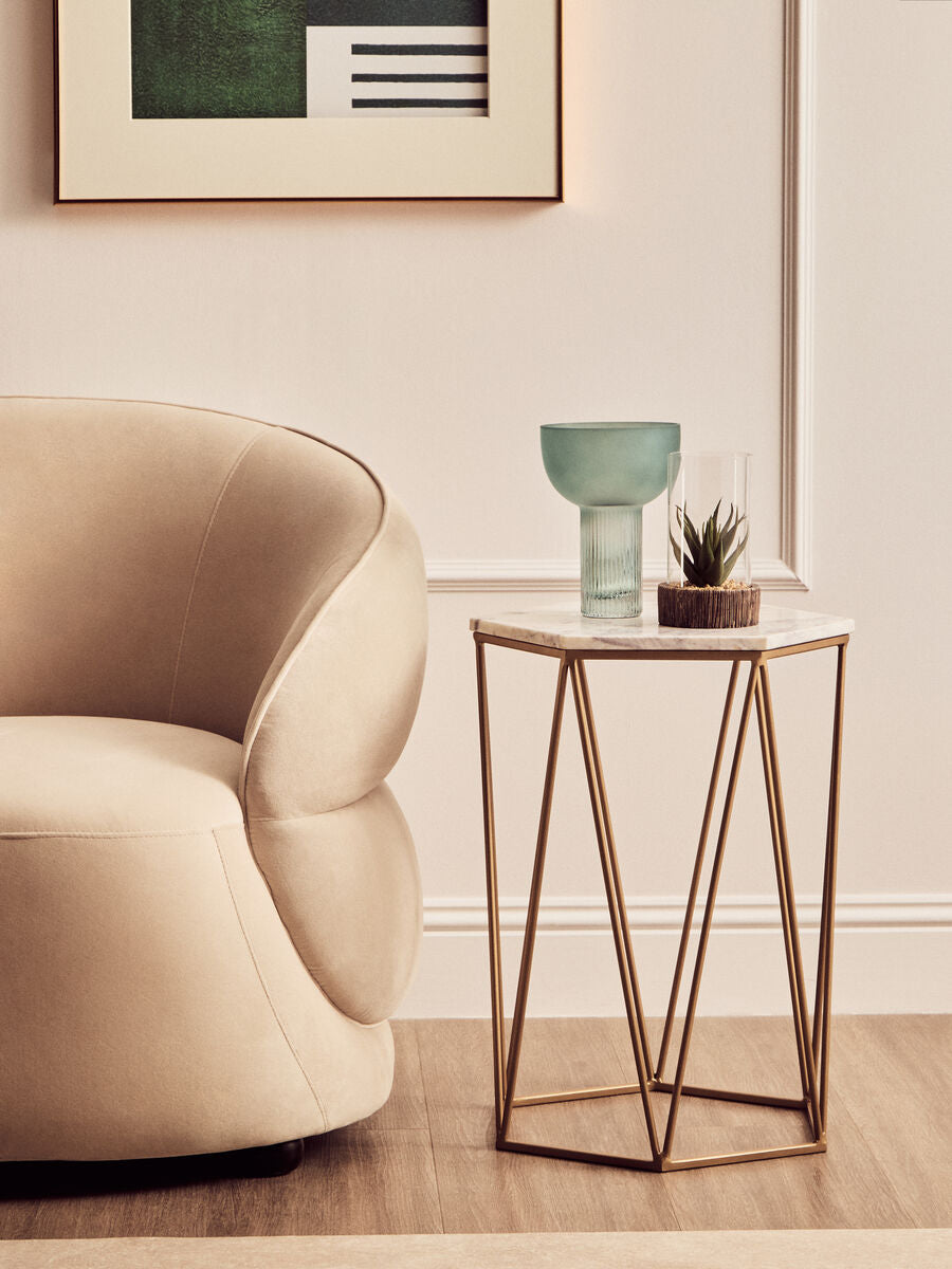White Marble and Gold Finish Hexagonal Side Table