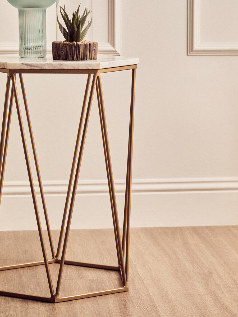 White Marble and Gold Finish Hexagonal Side Table