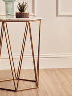 White Marble and Gold Finish Hexagonal Side Table