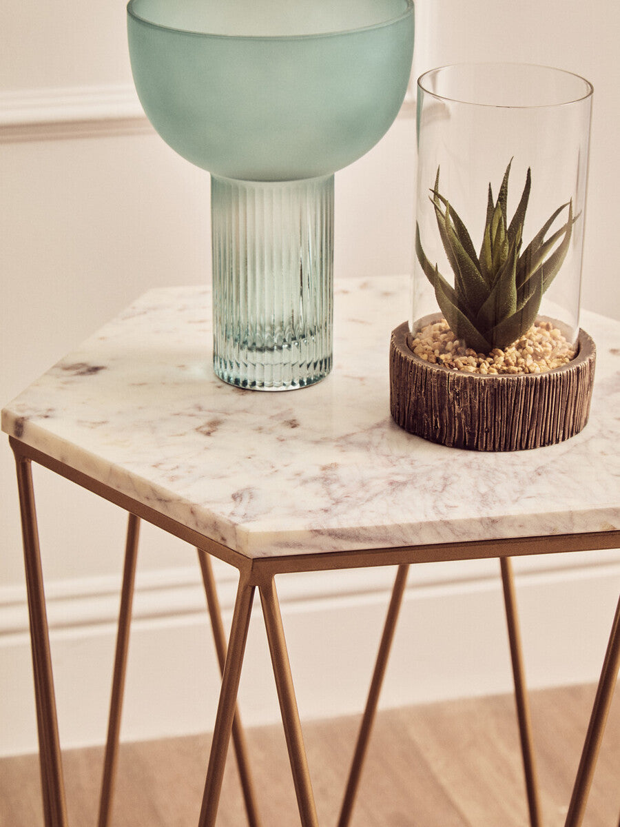 White Marble and Gold Finish Hexagonal Side Table