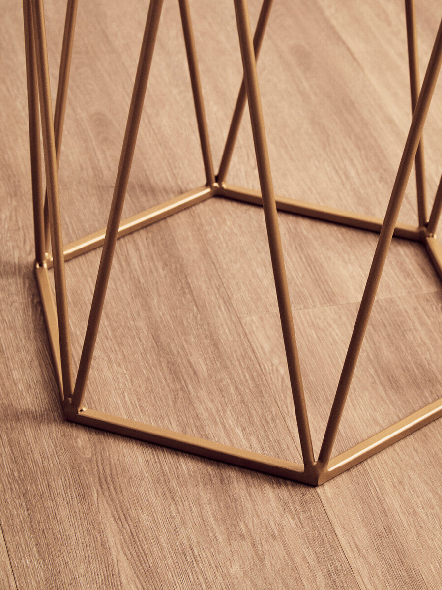 White Marble and Gold Finish Hexagonal Side Table