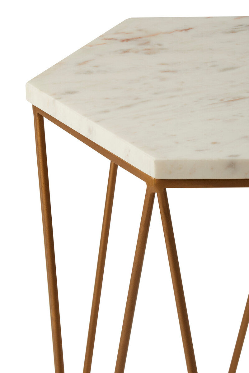 White Marble and Gold Finish Hexagonal Side Table