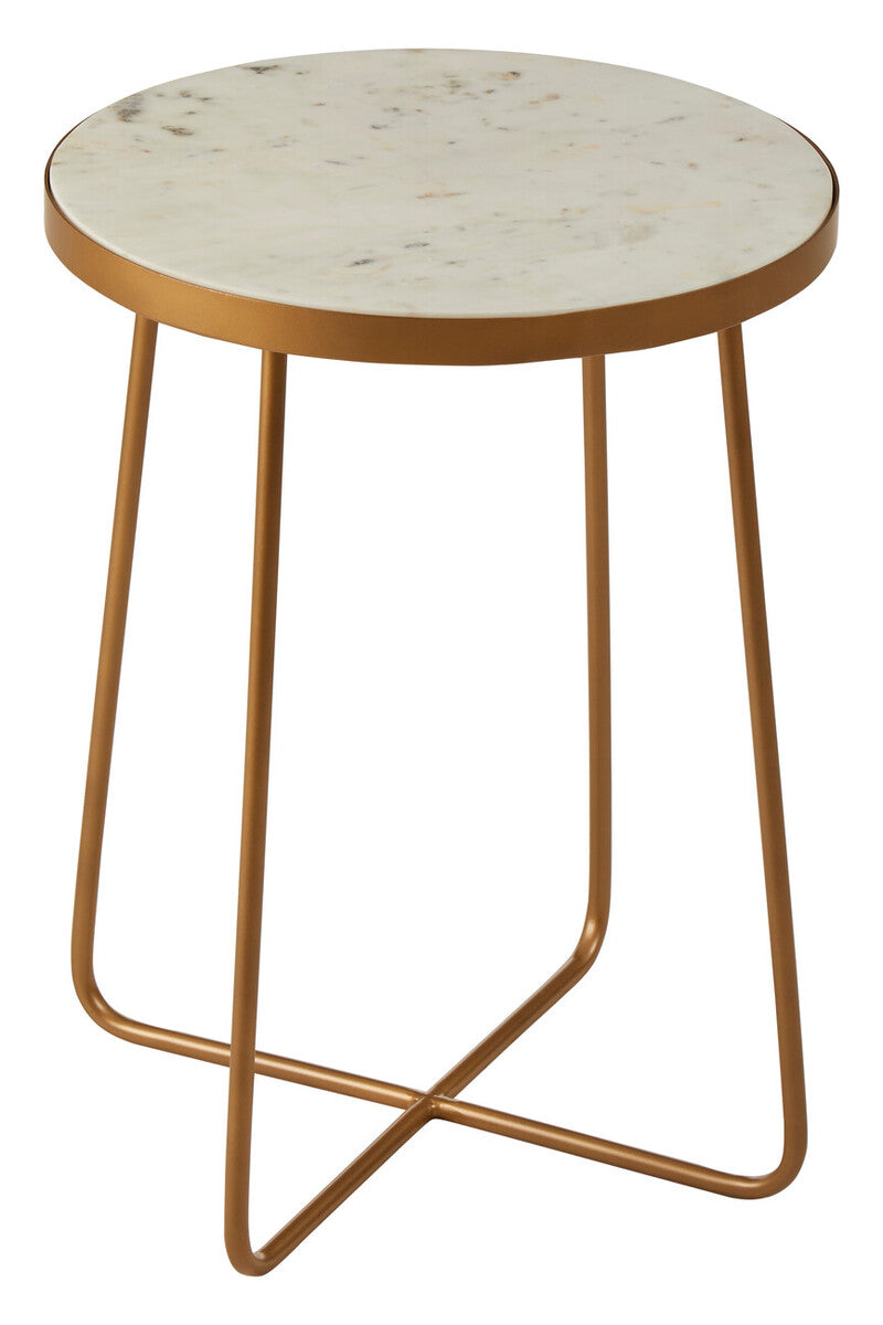 White Marble and Gold Finish Round Side Table with Cross Base