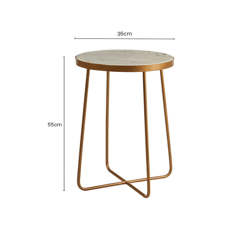 White Marble and Gold Finish Round Side Table with Cross Base