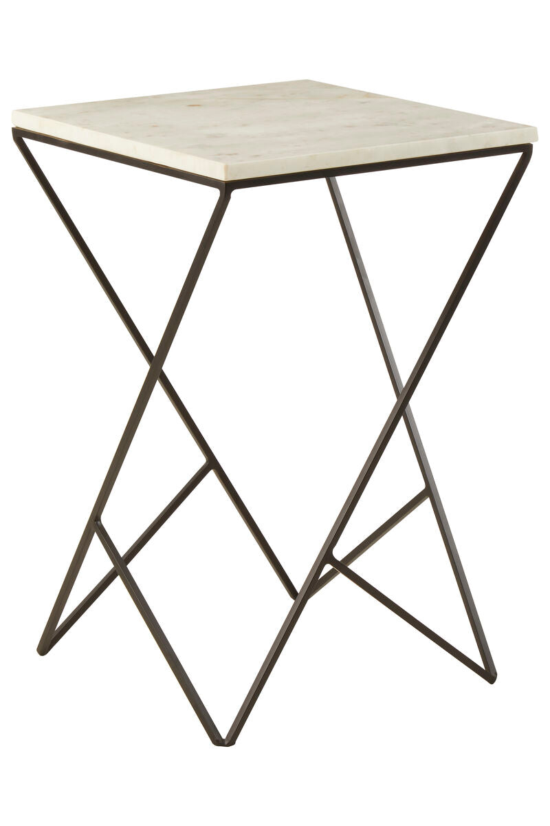 White Marble Top Square Side Table with Black Finish Metal Legs