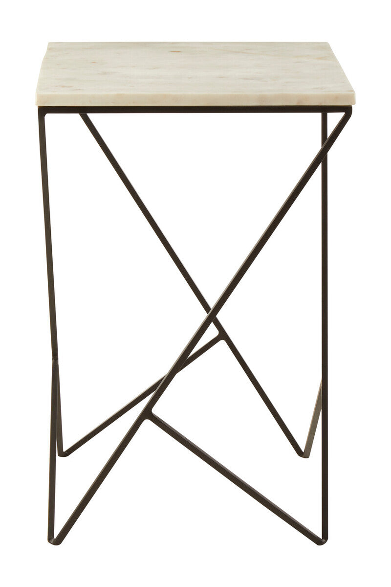 White Marble Top Square Side Table with Black Finish Metal Legs