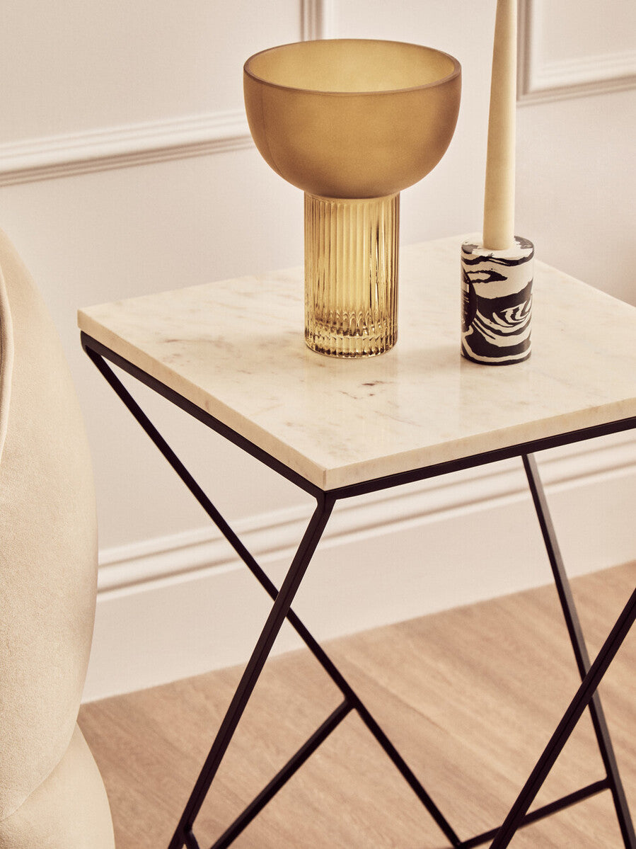 White Marble Top Square Side Table with Black Finish Metal Legs