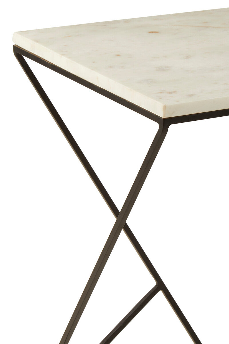 White Marble Top Square Side Table with Black Finish Metal Legs