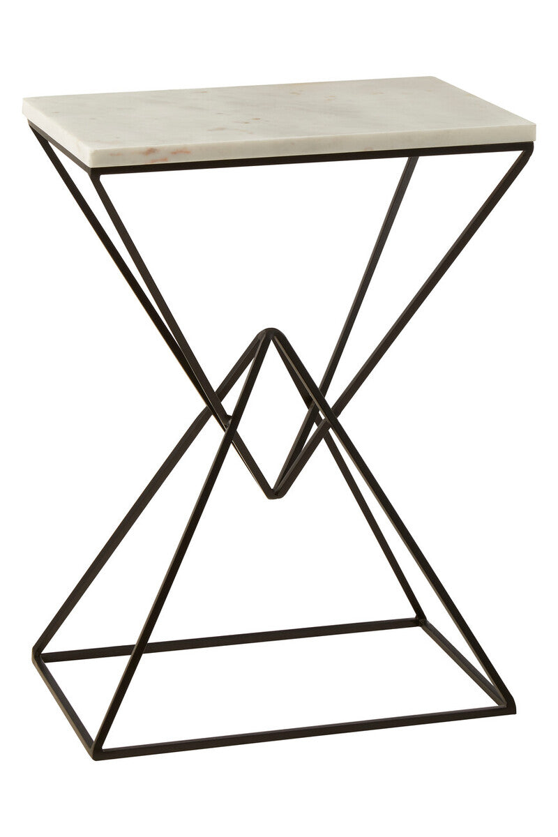 White Marble Side Table with Black Finish Double Pyramid Base