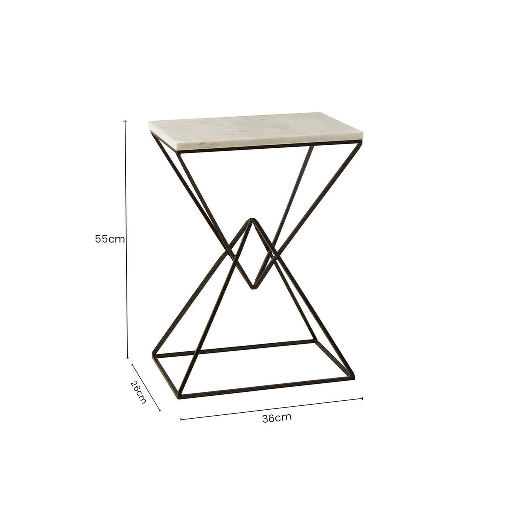 White Marble Side Table with Black Finish Double Pyramid Base